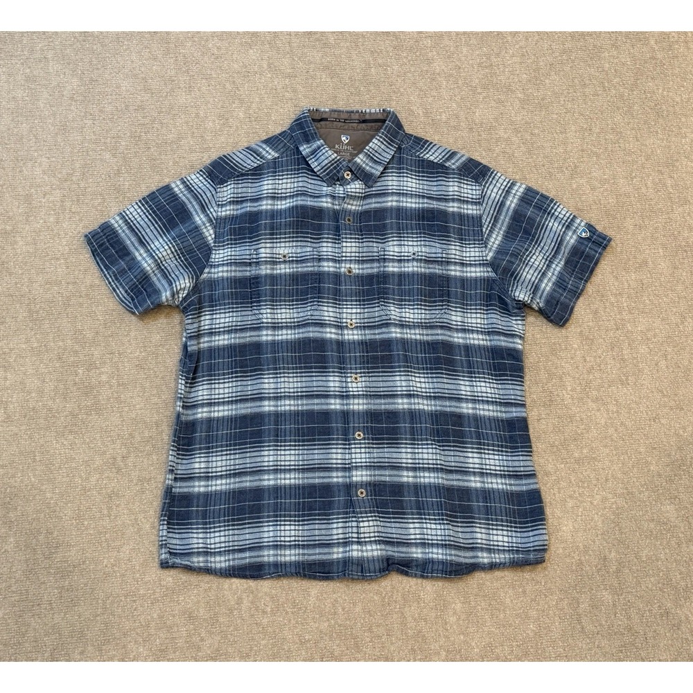 Kuhl Skorpio Mens L Linen Cotton Plaid Short Sleeve Button Up Camp Hiking Shirt